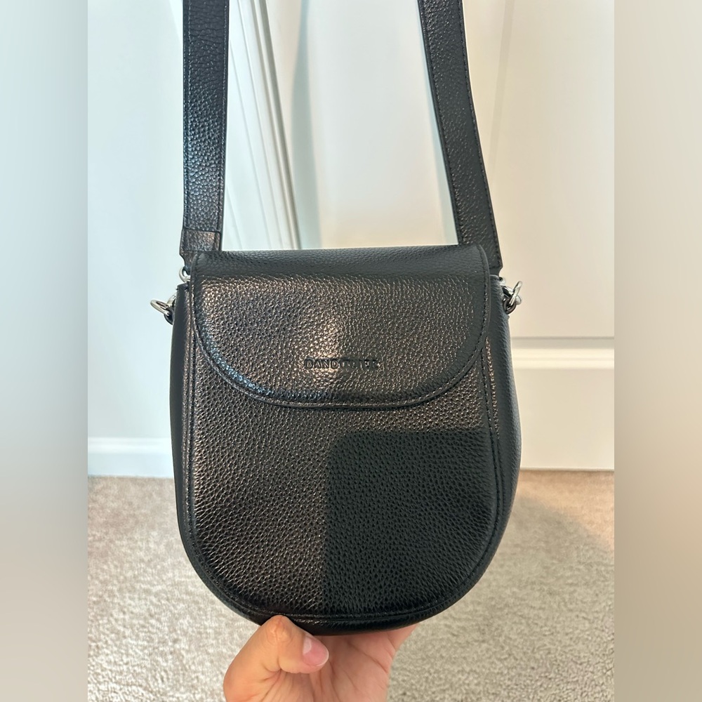 Bandolier Black Pebbled Leather Crossbody with Silver Chain Strap